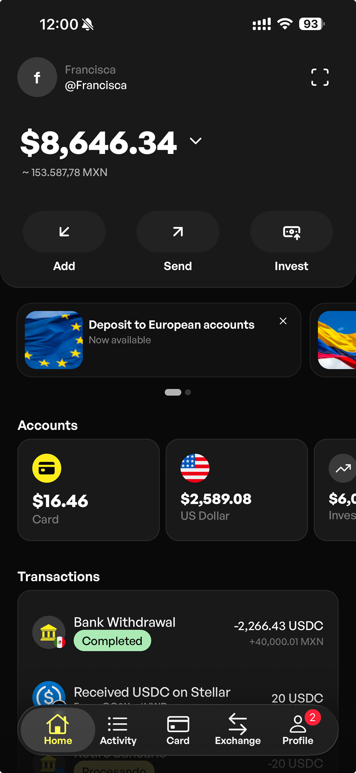 Decaf Wallet app home screen