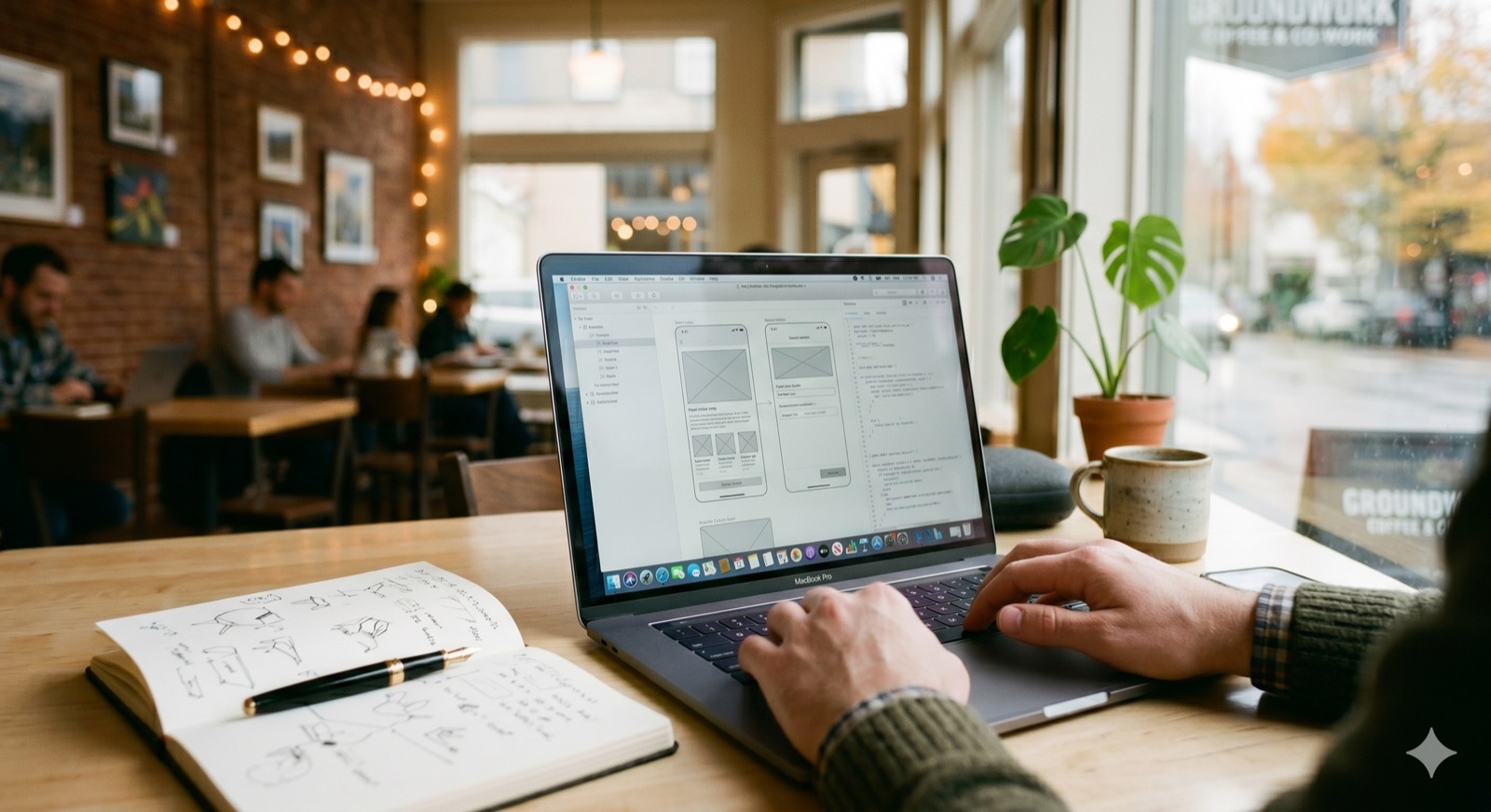 A freelancer working on a laptop in a café coworking space